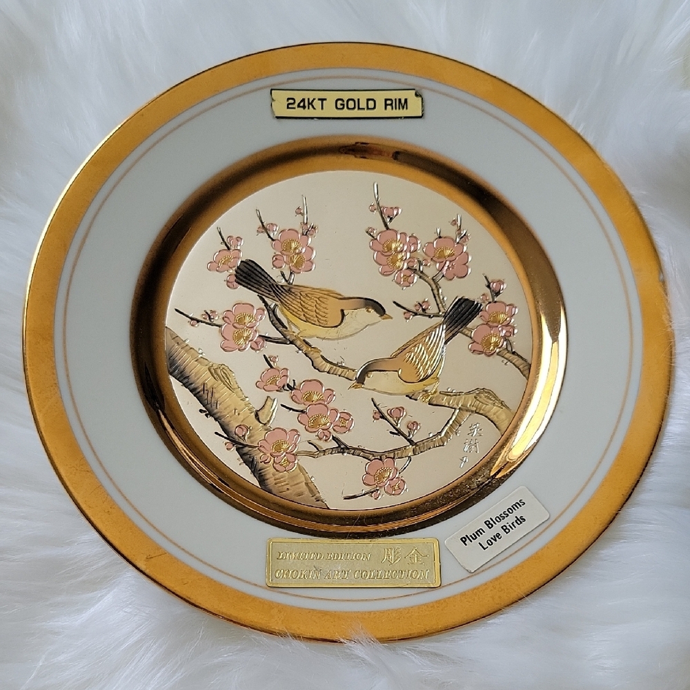 24KT Gold Rim Decorative Plate with Birds and Blossoms